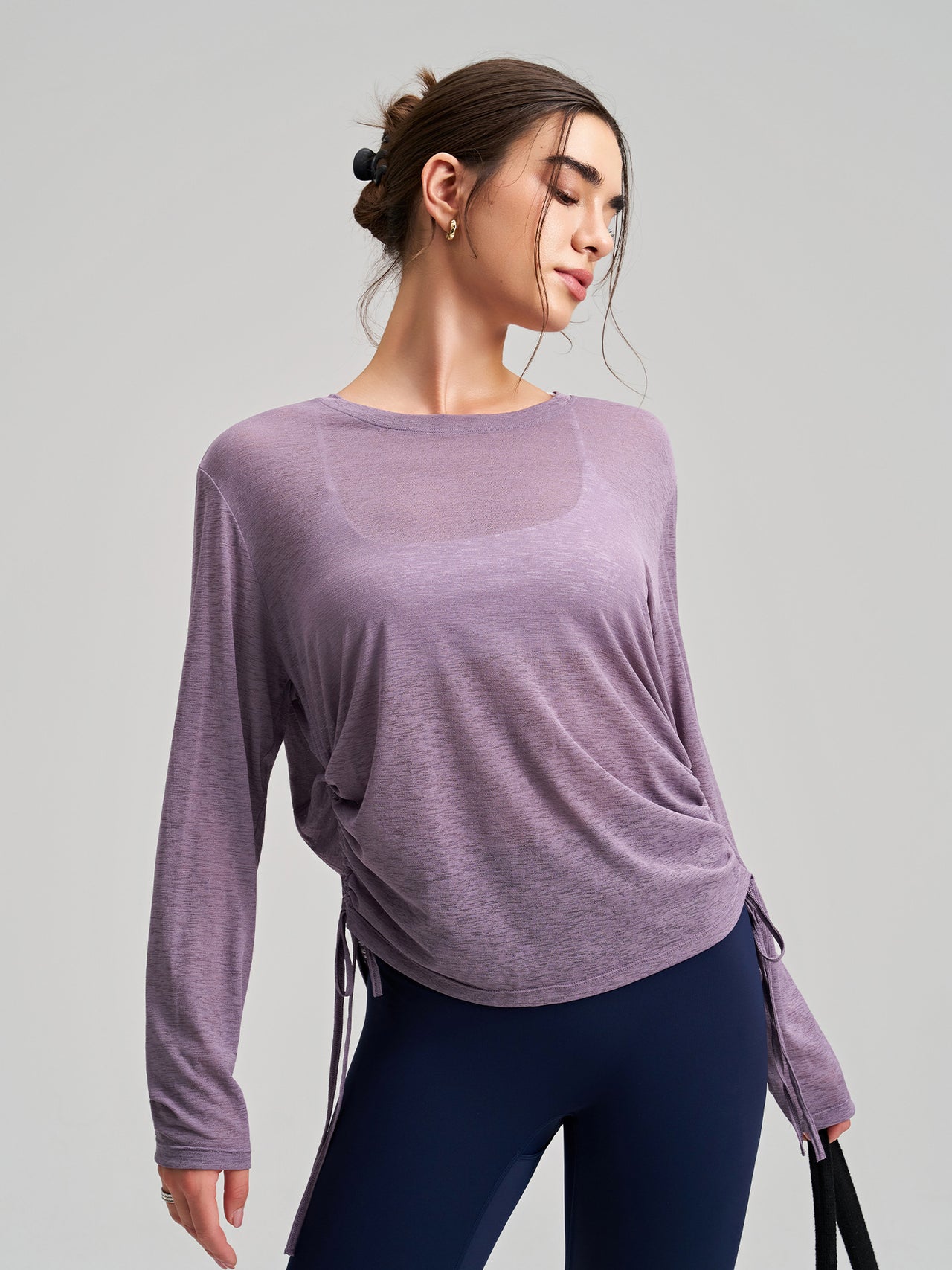 Round Neck Yoga Long Sleeve Drawstring T shirt Loose Breathable Fitness Running Top