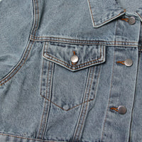 Blue Denim Belt Design Denim Jacket for Women - Collared Korean Patchwork Top