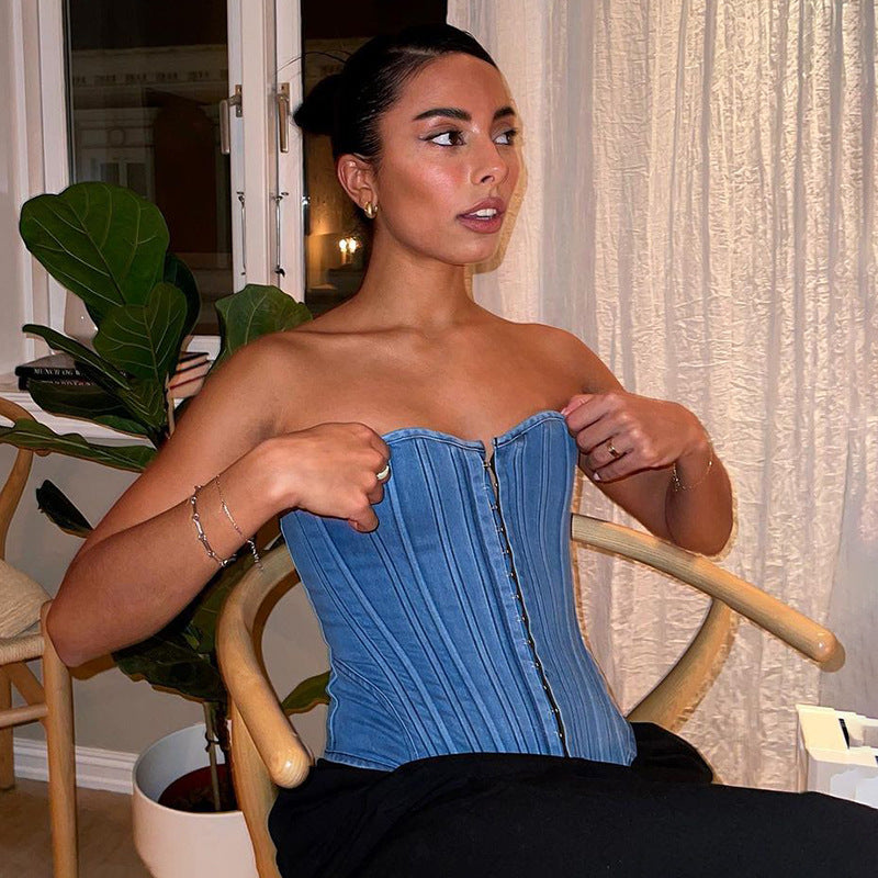 Street Cool Waist Corset Vest with Lace-up & Off-Shoulder Denim - Modestly Vogue
