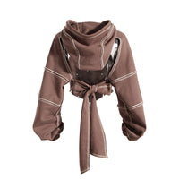 Neutral Cropped Hoodie Women Spring Bandage Dress Blouse Waistcoat Hiphop Long Sleeve Top - Modestly Vogue