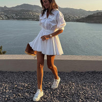 Women Clothing Casual Short A line Dress Cotton Collared 3/4 Sleeve French Shirt Dress - Modestly Vogue