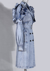 Blue Denim Ruffle Shoulder Long Trench Coat