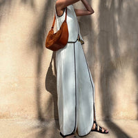 Contrast Color Vest Women Cross Design round Neck Sleeveless Top Split Trousers Two Piece Set - Modestly Vogue