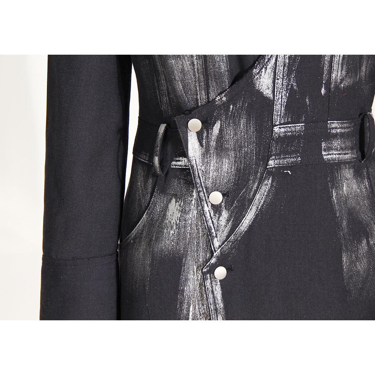 Black Niche Design Trench Coat Women Handmade Metal Silver Brush Color Rock Artist Super Long Blazer - Modestly Vogue