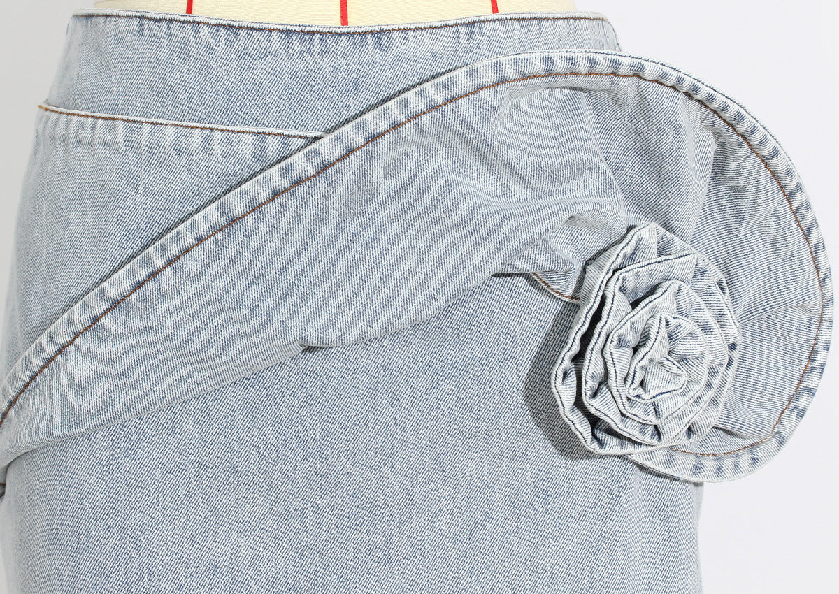 Blue Spring Summer Modern Urban Women Power Sense Three Pleated Rose Washed Denim Pencil Skirt