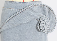 Blue Spring Summer Modern Urban Women Power Sense Three Pleated Rose Washed Denim Pencil Skirt