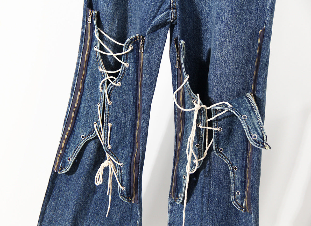 Blue Winter Color Loose Tied Same Design as Designer Personalized Minority Design Feeling Slightly Pull Jeans for Women
