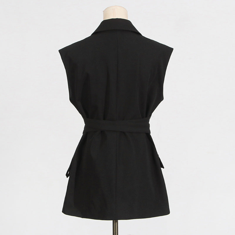 Black Blazer for Women - Simple Spring Autumn Sleeveless Belt Collared Design