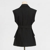 Black Blazer for Women - Simple Spring Autumn Sleeveless Belt Collared Design