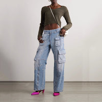 Blue Niche Design Jeans High Waist Loose Hole Trousers