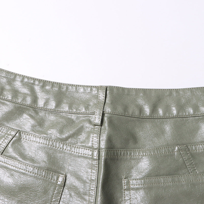 Earthtone Unique Design Faux Leather Trousers - High Waist Straight Leg Pants for Women