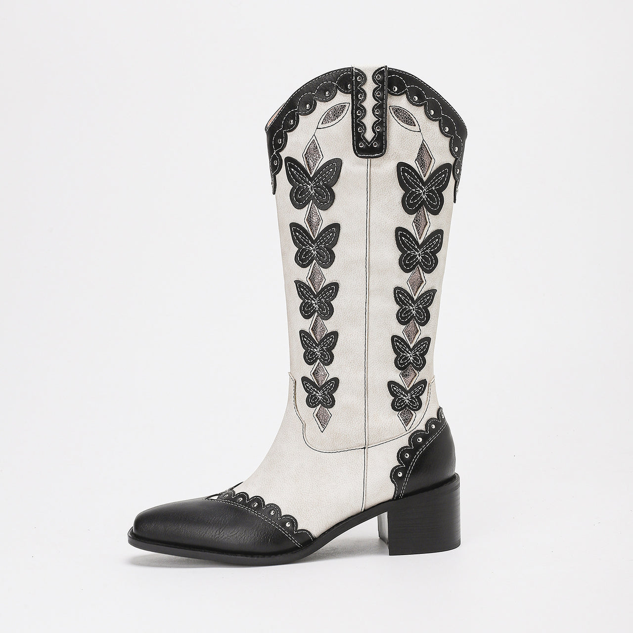 Western Denim Colorful Butterfly Embroidered Chunky Heel Ankle Boots