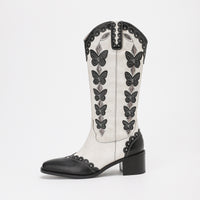 Western Denim Colorful Butterfly Embroidered Chunky Heel Ankle Boots