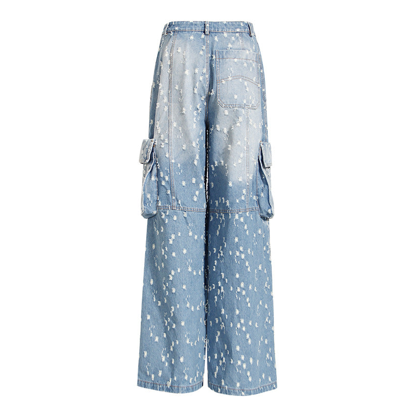 Blue Niche Design Jeans High Waist Loose Hole Trousers