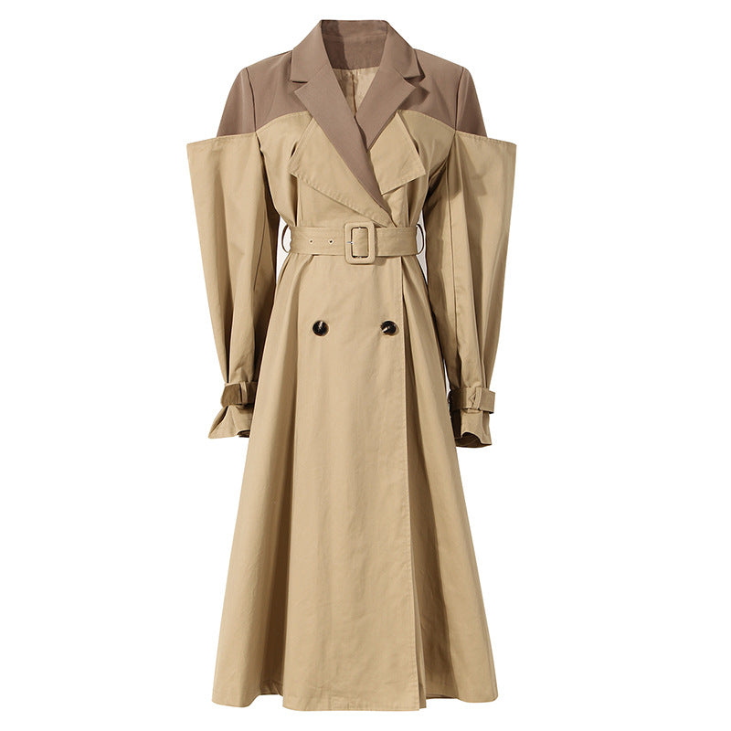 Neutral Color Knot Collar Trench Coat Women Mid Length Knee Autumn Design Waist Trimming Coat