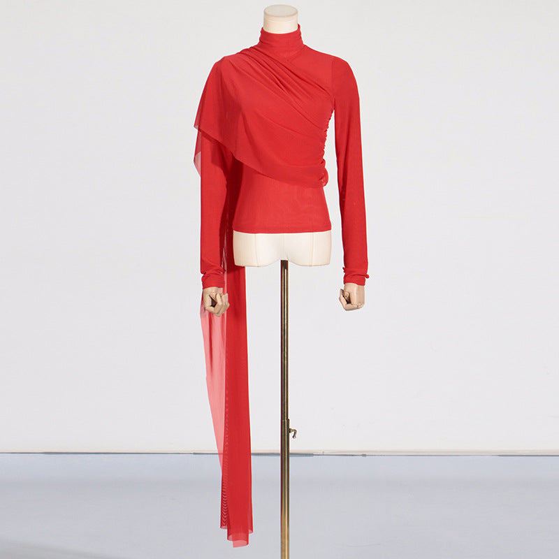 Deep Elegant T-Shirt for Women - Autumn Stand Collar Long Sleeve Mesh Slim Top