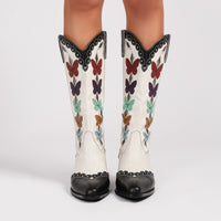 Western Denim Colorful Butterfly Embroidered Chunky Heel Ankle Boots