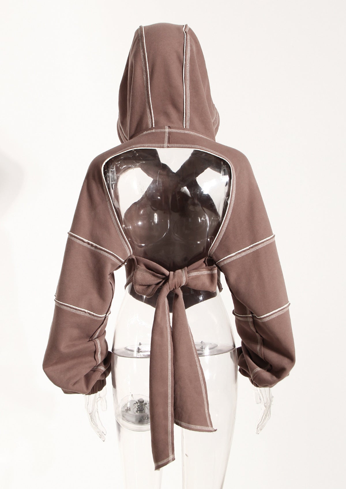 Neutral Cropped Hoodie Women Spring Bandage Dress Blouse Waistcoat Hiphop Long Sleeve Top - Modestly Vogue