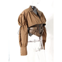 Earthtone Design Two Piece Coat Spring Cloak Stitching Faux Leather Handsome Waist Tight Jacket Top Women