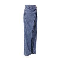 Blue Denim High Waist Ruched Wide Leg Jeans
