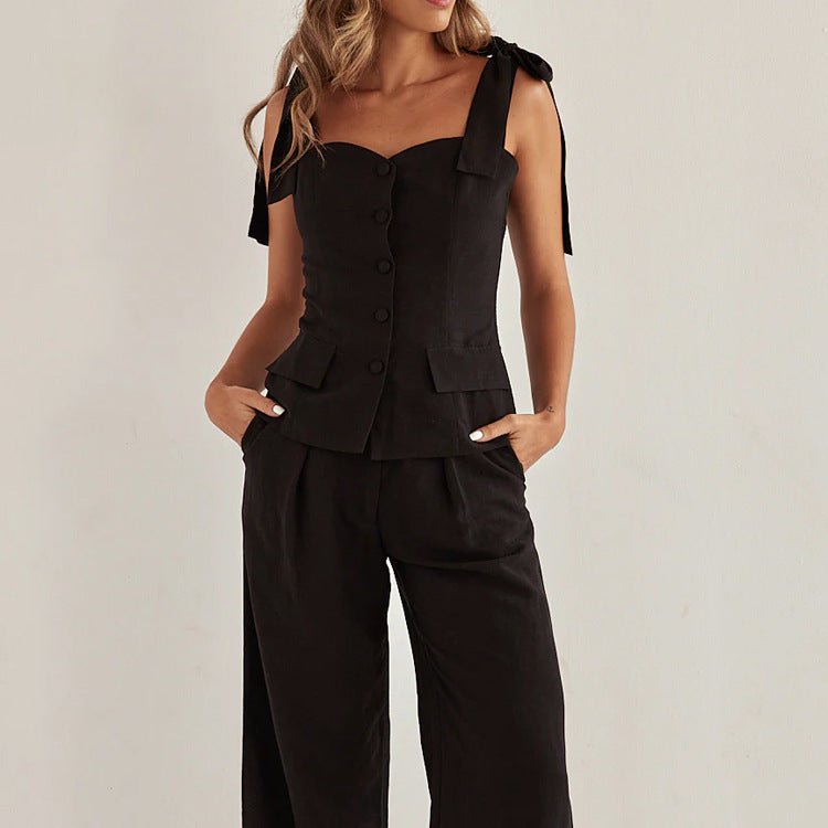 Spring Summer Black Bandeau Sling Top High Waist Wide Leg Pants Two Piece Set - Modestly Vogue