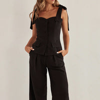 Spring Summer Black Bandeau Sling Top High Waist Wide Leg Pants Two Piece Set - Modestly Vogue