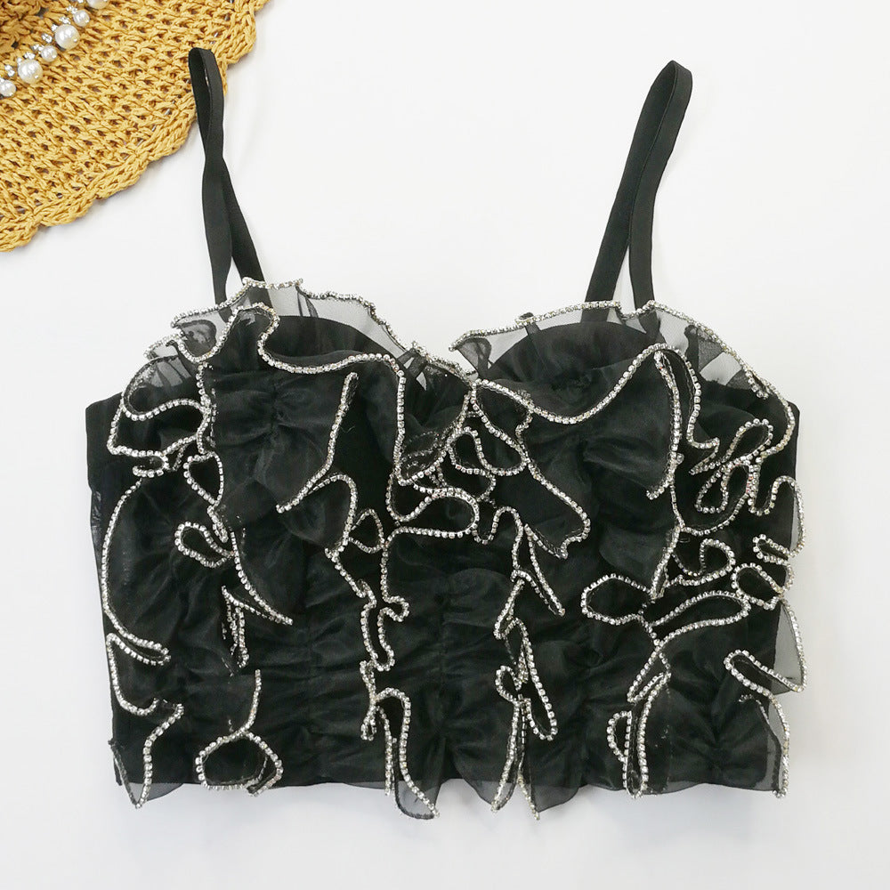 Diamond Embedded Wave Lace Sling with Steel Ring Boning Corset Waist Top Western Ruffle Ruffle Backless Tube Top Organza - Modestly Vogue