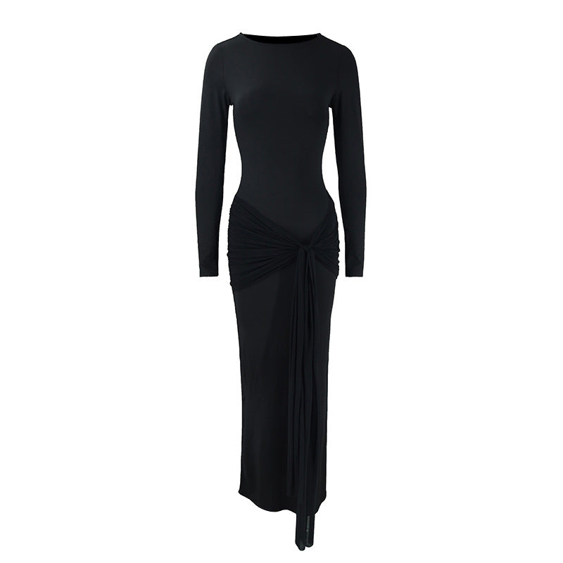 Fall Women Clothing round Neck Long Sleeve Slim Fit Lace up Sheath Solid Color Temperamental Minority Maxi Dress