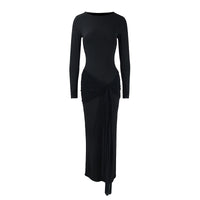 Fall Women Clothing round Neck Long Sleeve Slim Fit Lace up Sheath Solid Color Temperamental Minority Maxi Dress