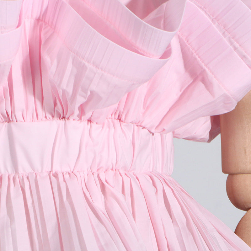 Pastel Collar Ruffled Stitching Design Tight Waist Slimming High Grade Short Sleeve Shirt for Women
