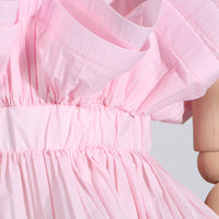Pastel Collar Ruffled Stitching Design Tight Waist Slimming High Grade Short Sleeve Shirt for Women