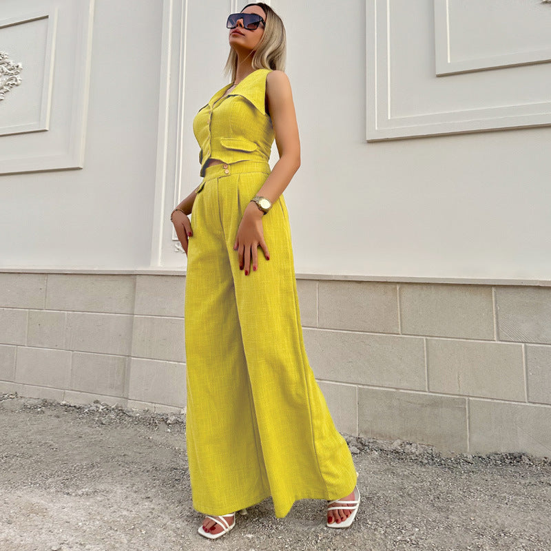 Suit Women Summer Sleeveless Short Vest Top with Loose Solid Color Trousers Suit - Modestly Vogue