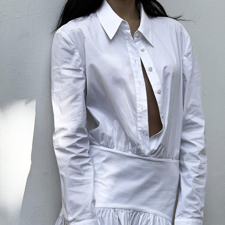 Women Clothing Spring Summer White Office Pleated A line Dress Collared Long Sleeve Shirt Dress Women - Modestly Vogue