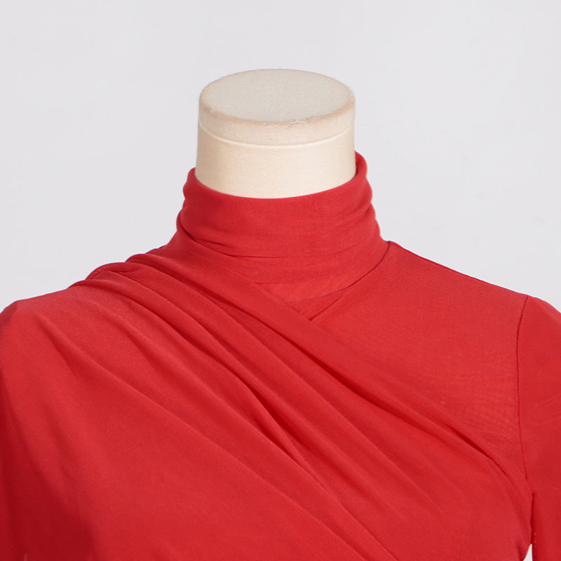 Deep Elegant T-Shirt for Women - Autumn Stand Collar Long Sleeve Mesh Slim Top