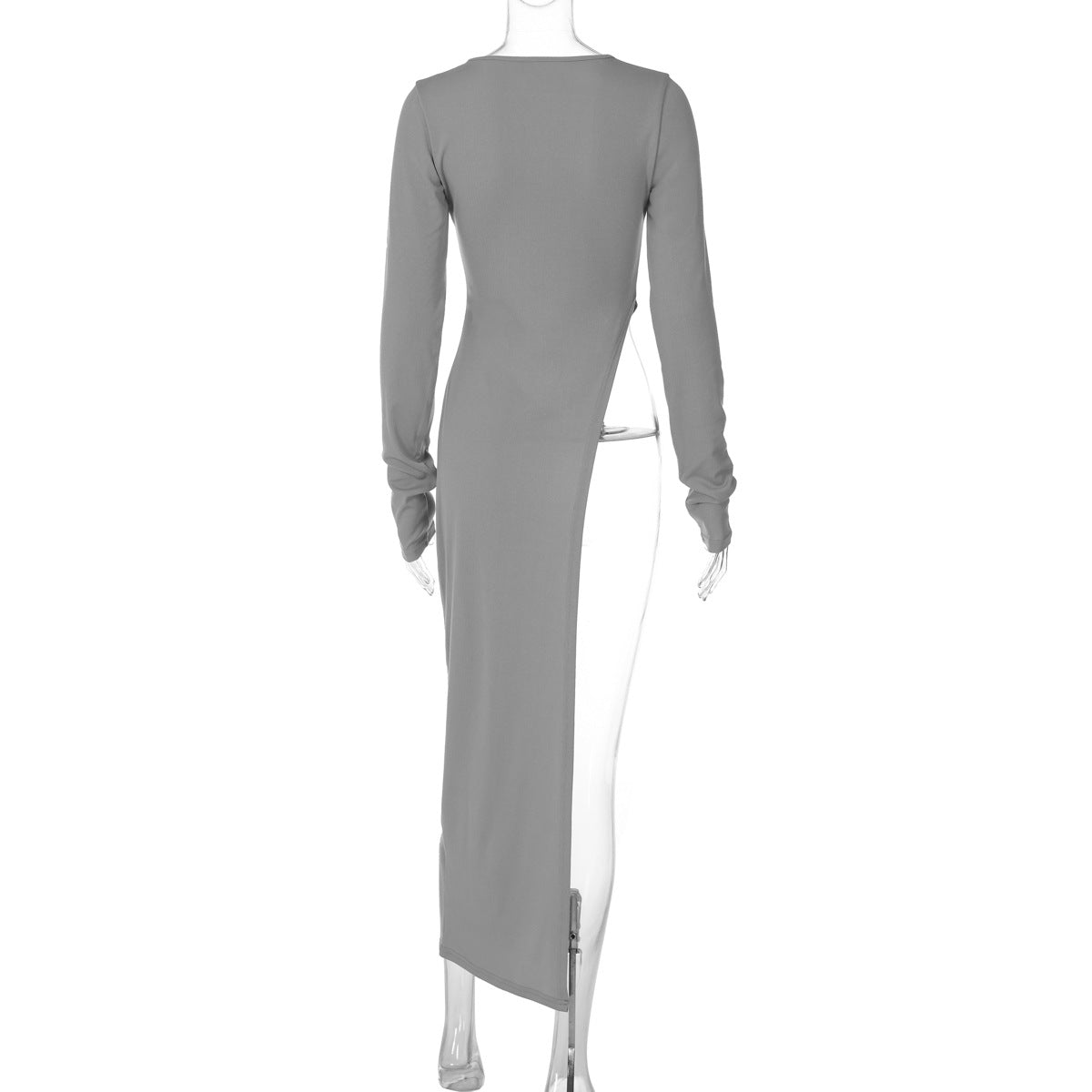 Neutral Winter Women Clothing Personality High Slit round Neck Long Sleeve Sexy Slim Solid Color Top
