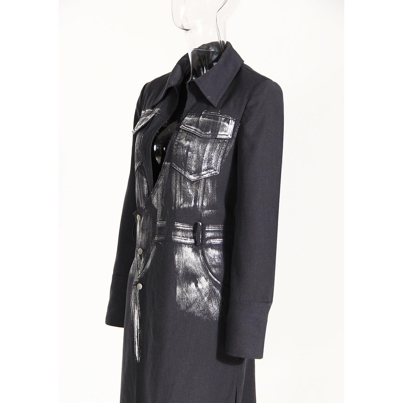 Black Niche Design Trench Coat Women Handmade Metal Silver Brush Color Rock Artist Super Long Blazer - Modestly Vogue