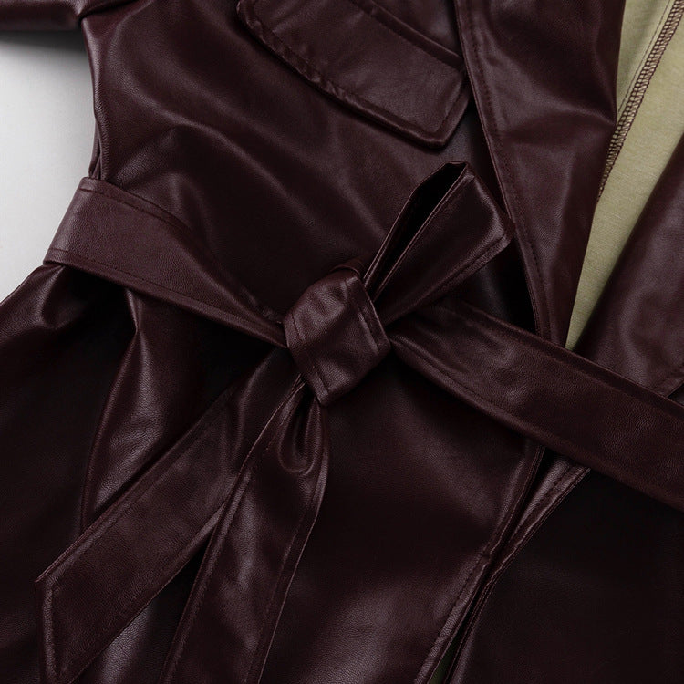Spring Autumn Retro Green Fruit Collar with Belt Leather Coat High Waist Leather Pants Set for Women