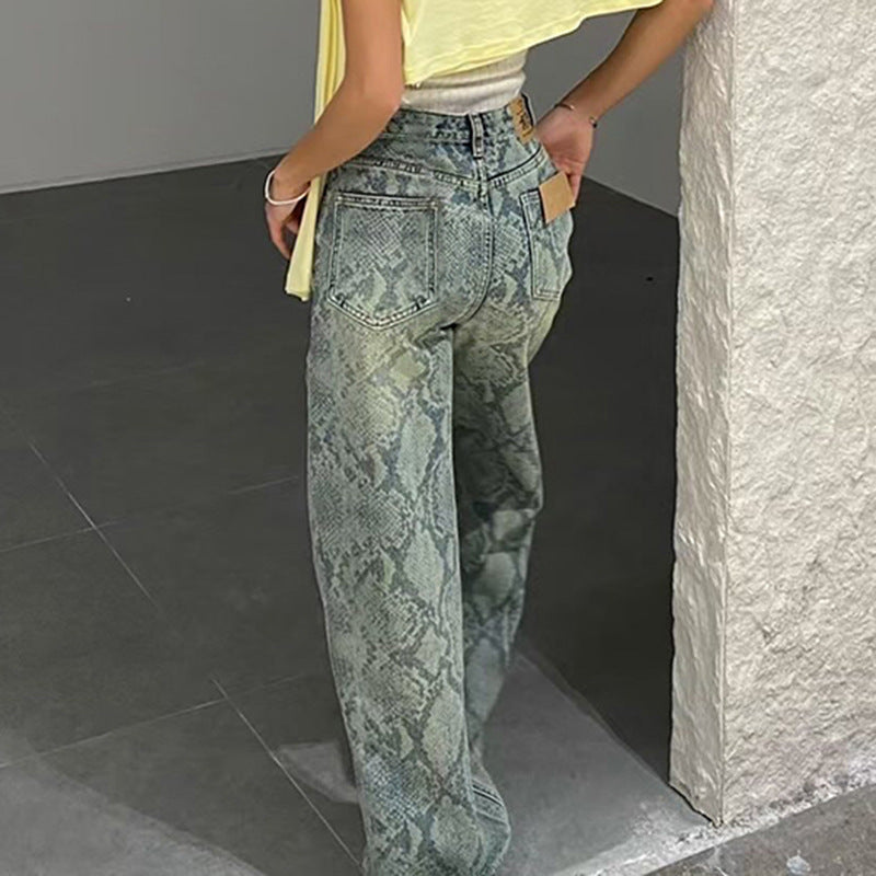 Earthtone Casual Street Snake Print Jeans Women Autumn High Waist Slimming Washed Drooping Straight Pants