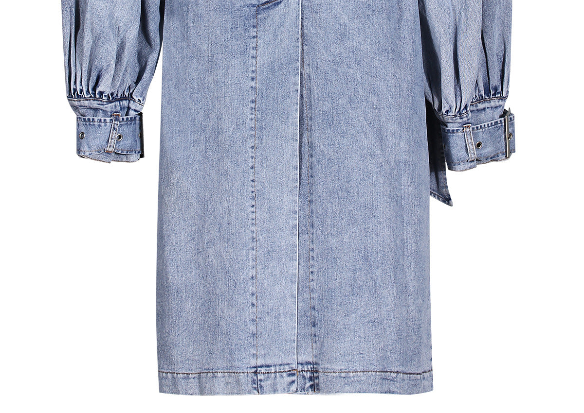Blue Denim Ruffle Shoulder Long Trench Coat