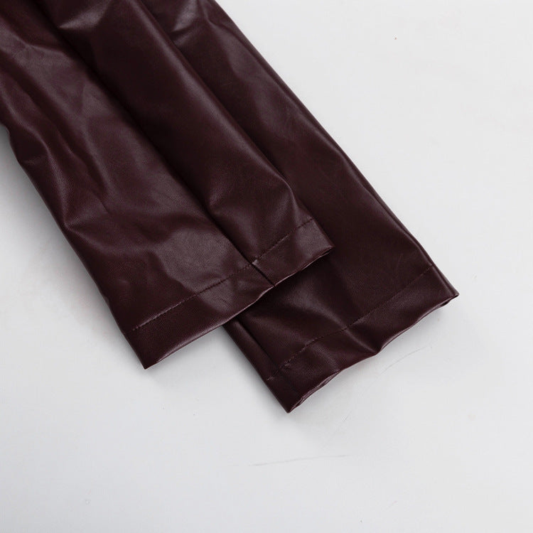 Spring Autumn Retro Green Fruit Collar with Belt Leather Coat High Waist Leather Pants Set for Women