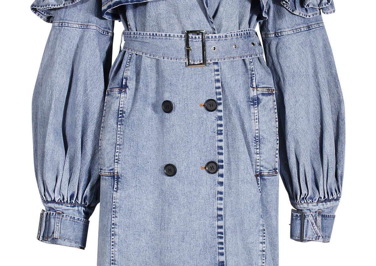 Blue Denim Ruffle Shoulder Long Trench Coat