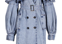 Blue Denim Ruffle Shoulder Long Trench Coat
