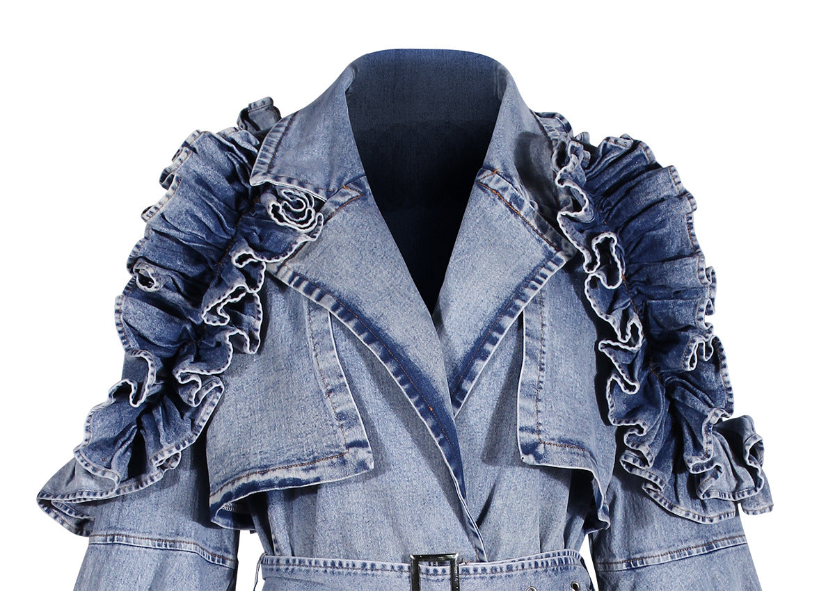 Blue Denim Ruffle Shoulder Long Trench Coat