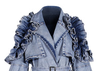 Blue Denim Ruffle Shoulder Long Trench Coat