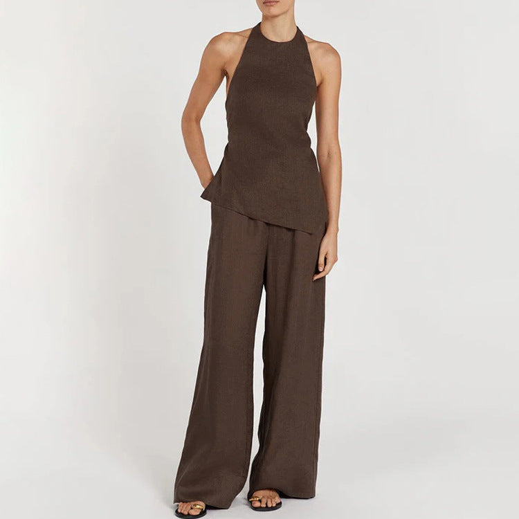 Sexy Women Summer Halter Backless Lace up Top Loose Trousers Two Piece Set - Modestly Vogue