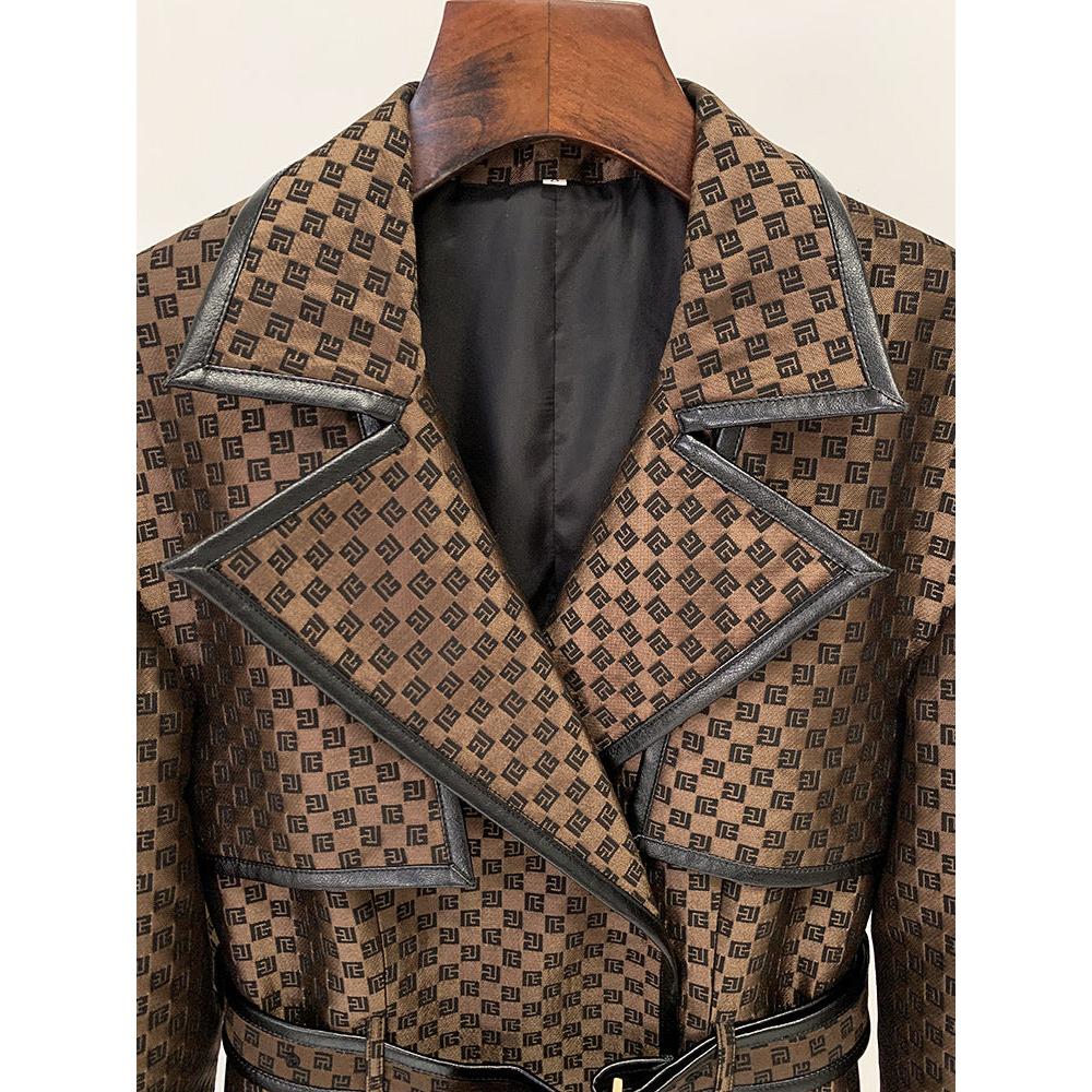 Autumn Winter Star Belt Jacquard Maze Pattern Long Trench Coat