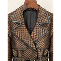 Autumn Winter Star Belt Jacquard Maze Pattern Long Trench Coat