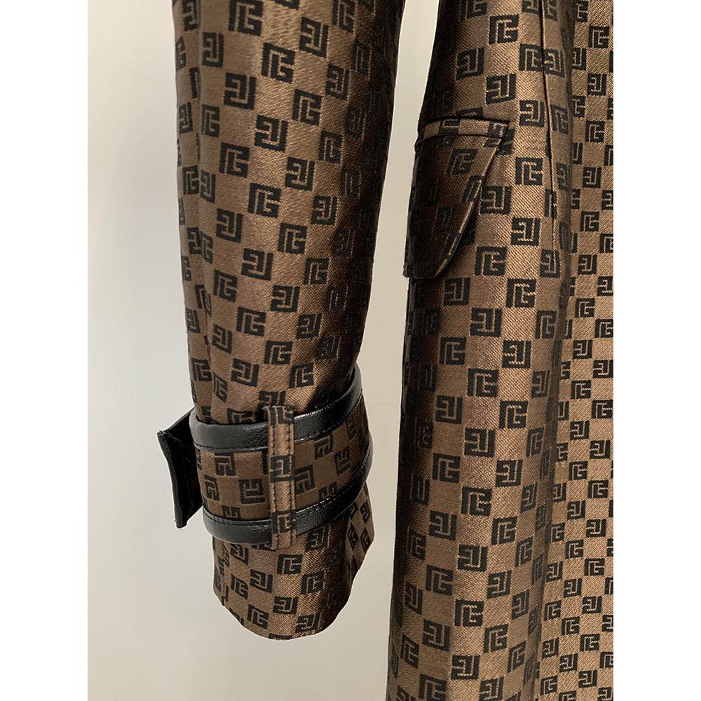 Autumn Winter Star Belt Jacquard Maze Pattern Long Trench Coat