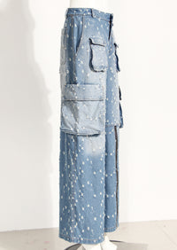 Blue Niche Design Jeans High Waist Loose Hole Trousers