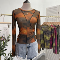 Earthtone Sunset Blooming Stretch Mesh Slim Fit Bottoming Shirt Bandage Top